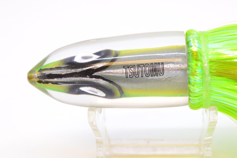 Tsutomu Lures Green-Yellow-Silver Fish Head Ali'i Bullet 7" 5oz Strobez Green/Chartreuse