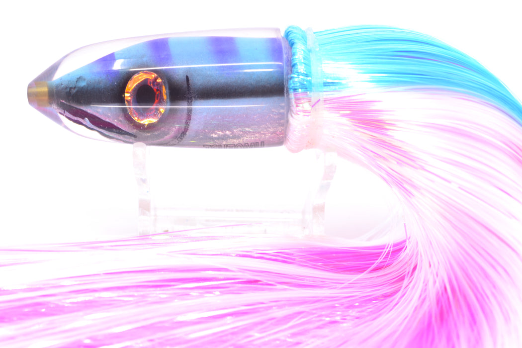 Tsutomu Lures Blue & Purple Bars-Black Line Fish Head Ali'i Bullet 7" 5oz Strobez Ice Blue-White GZE