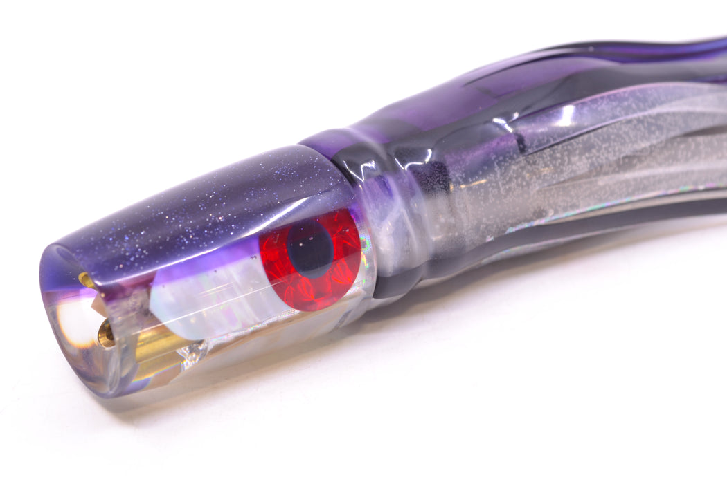 Coggin Lures White MOP Purple Back 4-Hole Small Slant Bogie Invert 7" 3.5oz Skirted