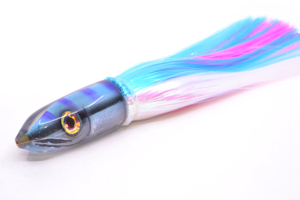 Tsutomu Lures Blue & Purple Bars-Black Line Fish Head Ali'i Bullet 7" 5oz Strobez Ice Blue-White GZE