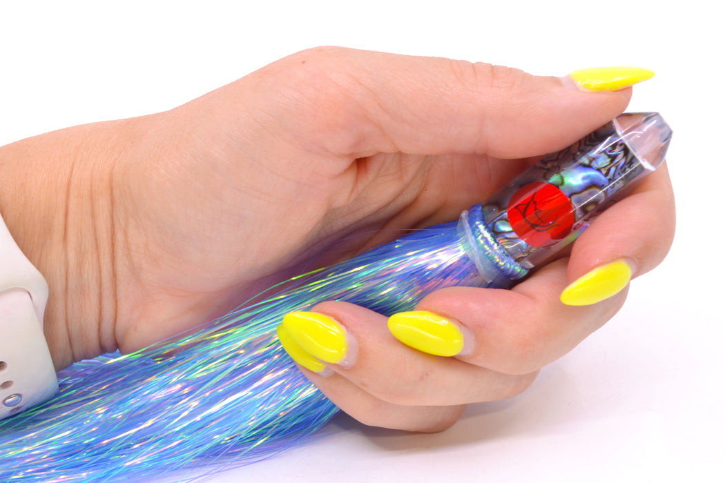 Bonze Lures Paua Shell Red Eyes Rocket 5" 2oz Flashabou Dark Blue/White GZE