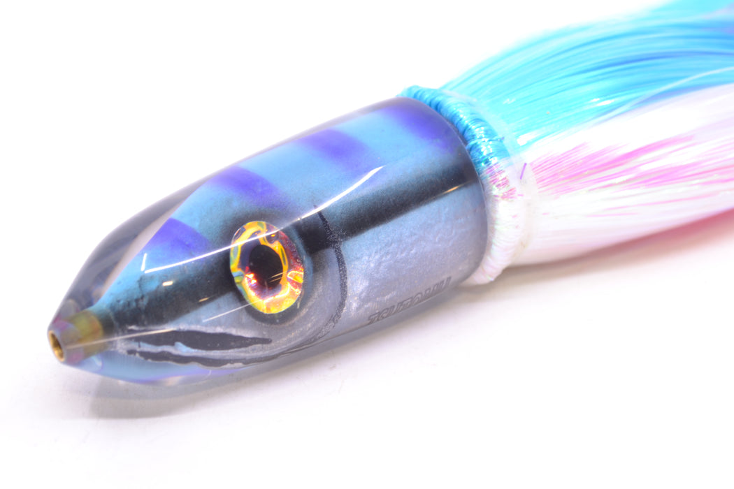 Tsutomu Lures Blue & Purple Bars-Black Line Fish Head Ali'i Bullet 7" 5oz Strobez Ice Blue-White GZE