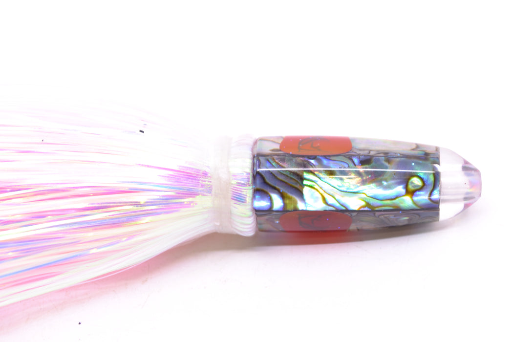 Bonze Lures Paua Shell Red Eyes Rocket 5" 2oz Flashabou White/Pink GZE