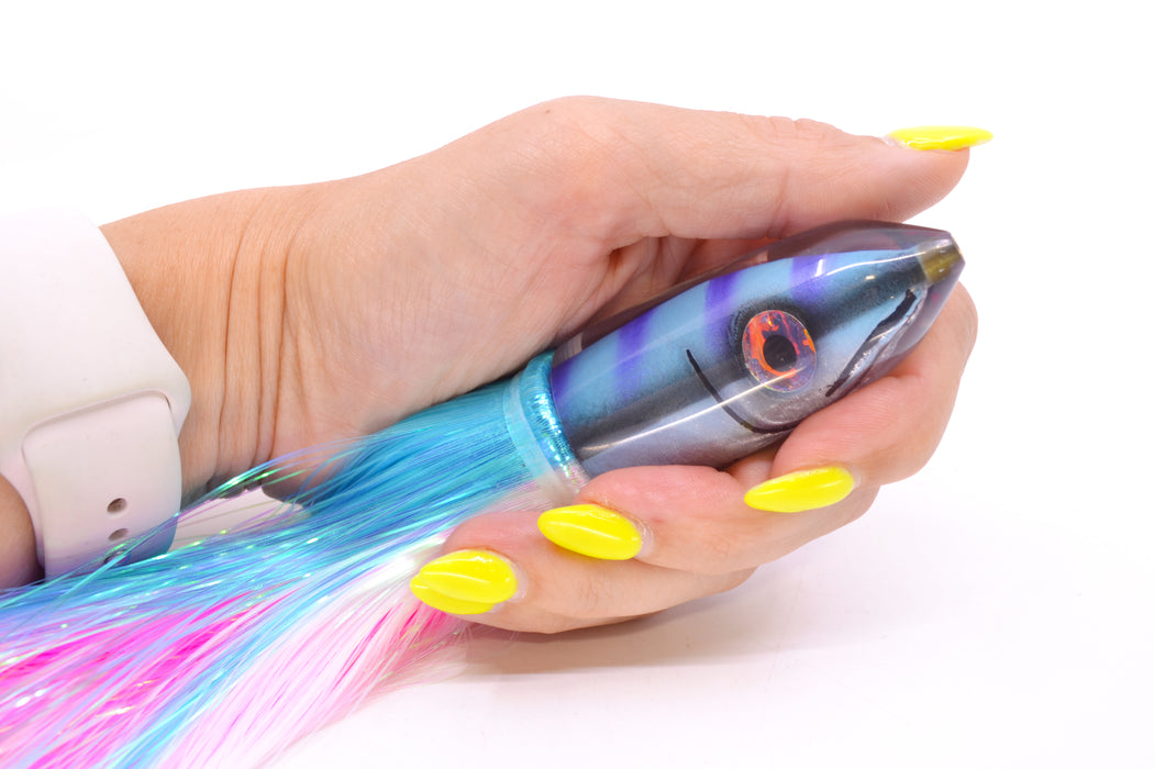 Tsutomu Lures Blue & Purple Bars-Black Line Fish Head Ali'i Bullet 7" 5oz Strobez Ice Blue-White GZE