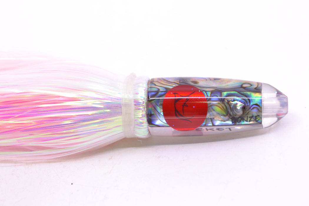 Bonze Lures Paua Shell Red Eyes Rocket 5" 2oz Flashabou White/Pink GZE
