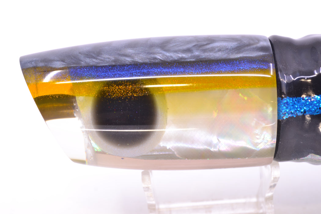 Ali'i Kai Lures White MOP Gray-Blue-Yellow Back Yakuza 14" 10.8oz BOM Skirted Yellowfin
