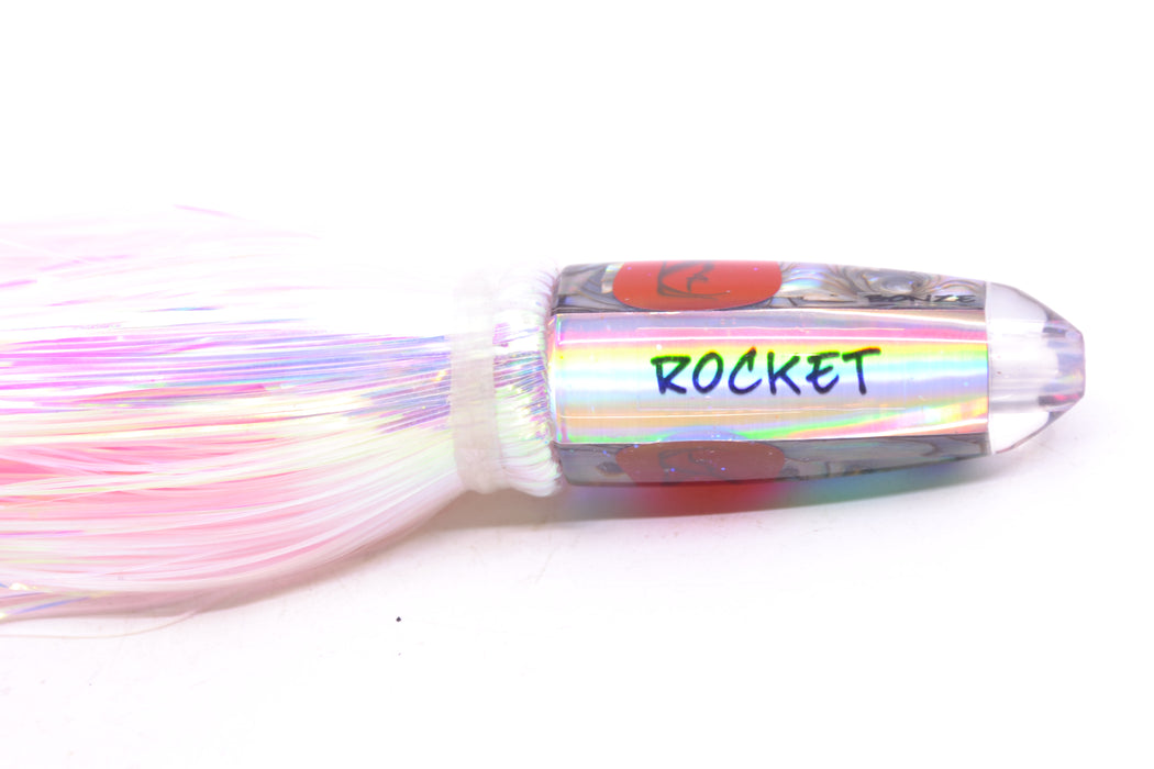 Bonze Lures Paua Shell Red Eyes Rocket 5" 2oz Flashabou White/Pink GZE