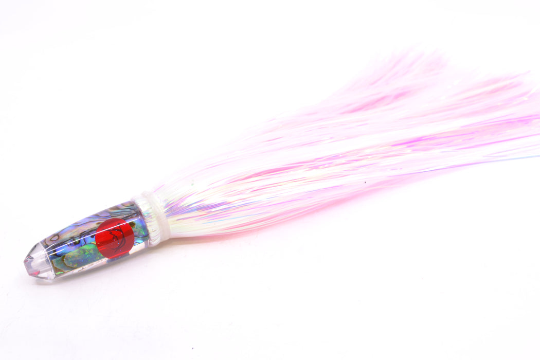 Bonze Lures Paua Shell Red Eyes Rocket 5" 2oz Flashabou White/Pink GZE