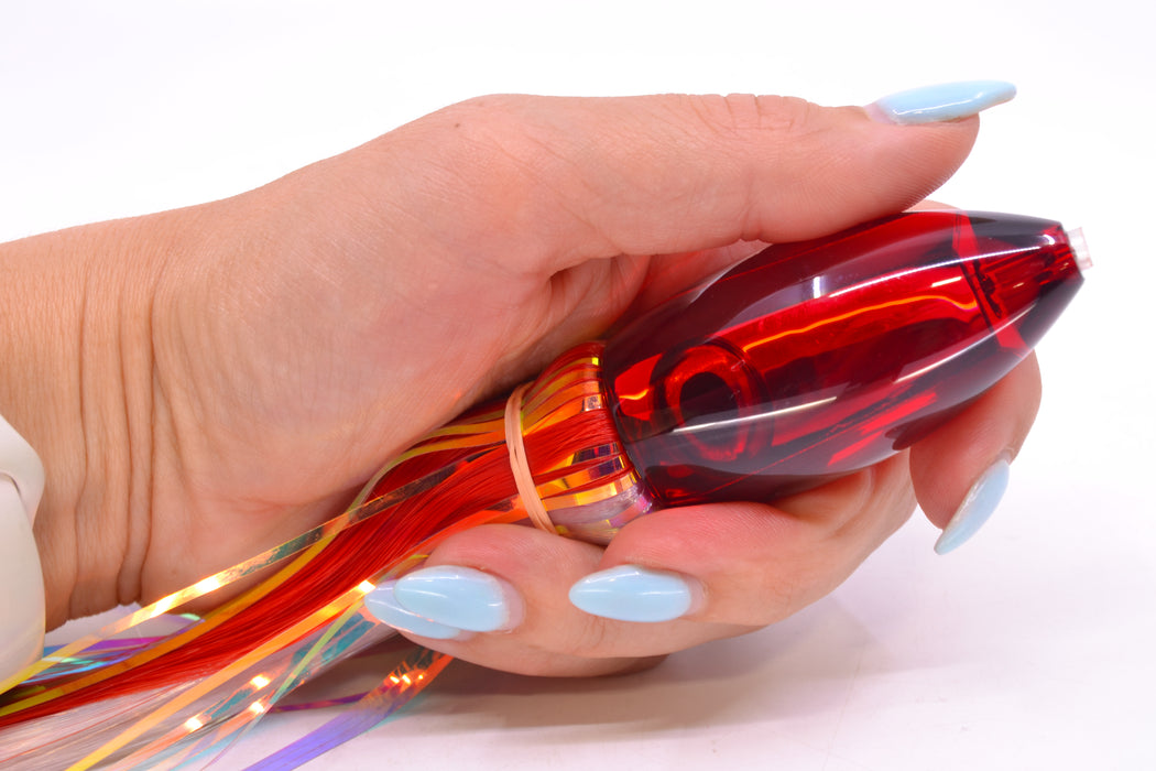 Moyes Lures Red Mirrored Small Ono Bullet 7" 3.8oz Skirted Red-White Hair