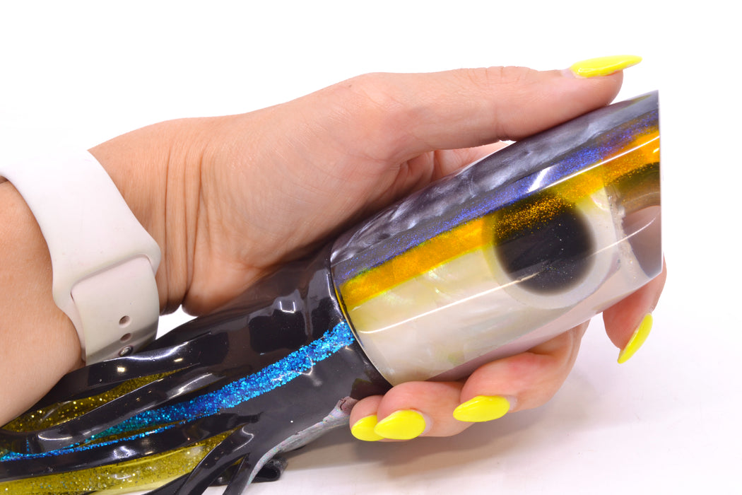 Ali'i Kai Lures White MOP Gray-Blue-Yellow Back Yakuza 14" 10.8oz BOM Skirted Yellowfin