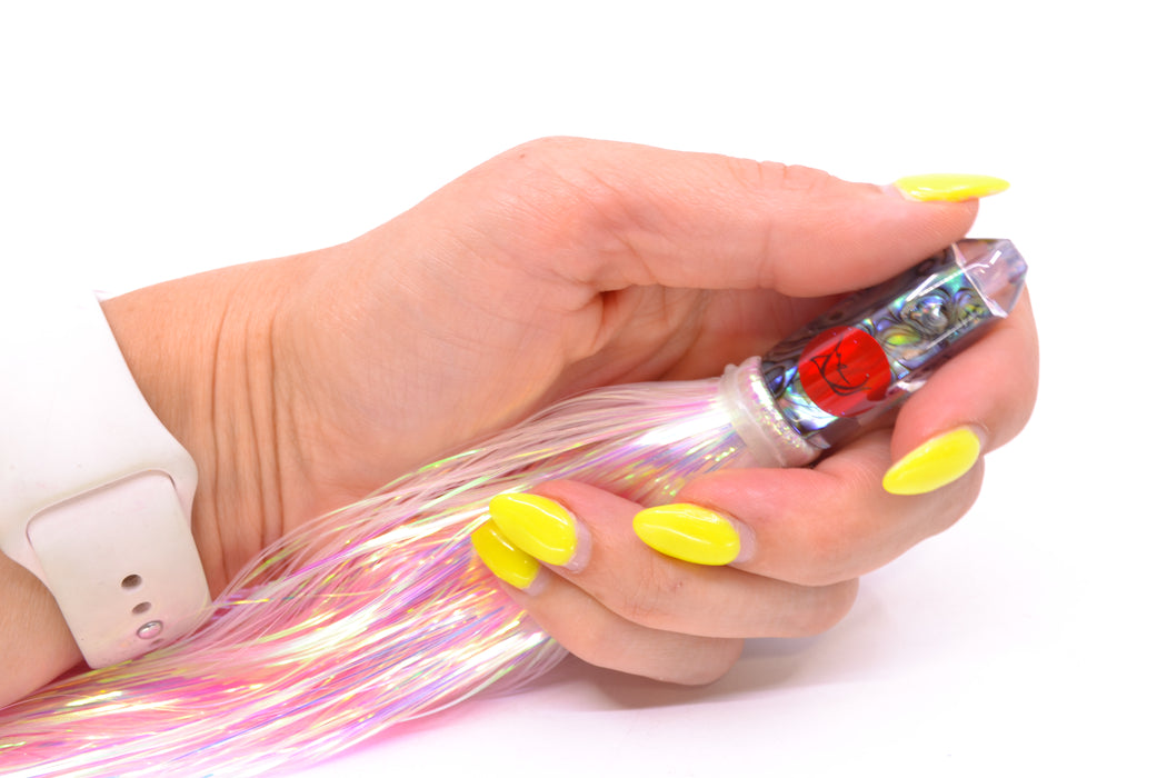Bonze Lures Paua Shell Red Eyes Rocket 5" 2oz Flashabou White/Pink GZE