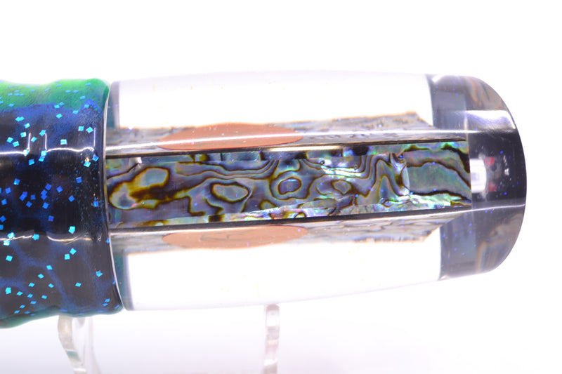 Bonze Lures Paua Shell Red Eyes Outrageous 16" 18oz Skirted Black Dots-Blue Dots