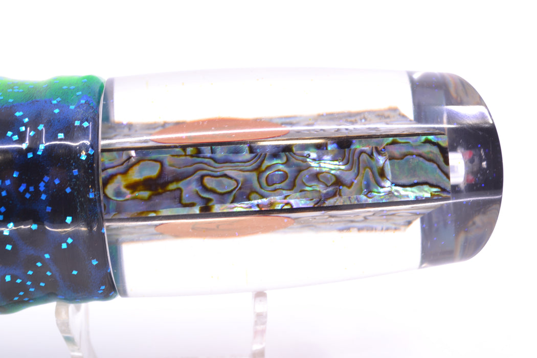 Bonze Lures Paua Shell Red Eyes Outrageous 16" 18oz Skirted Black Dots-Blue Dots