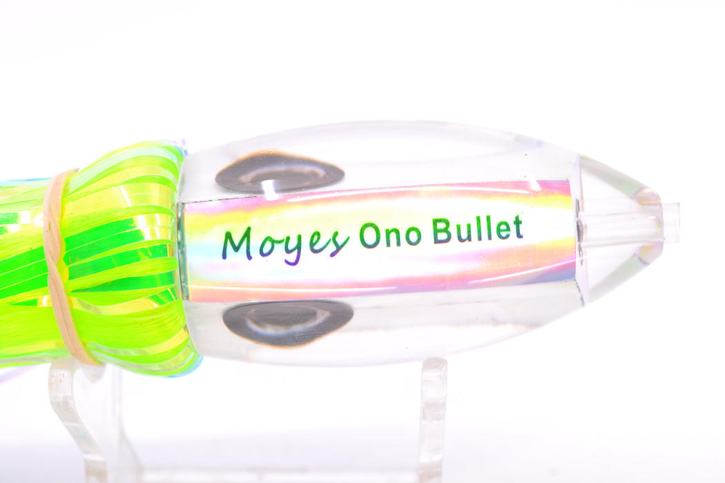 Moyes Lures White MOP Small Ono Bullet 7" 3.8oz Skirted Ice Blue-Chartreuse Hair