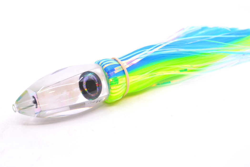 Moyes Lures White MOP Small Ono Bullet 7" 3.8oz Skirted Ice Blue-Chartreuse Hair