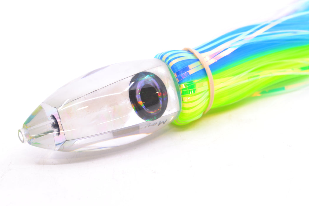 Moyes Lures White MOP Small Ono Bullet 7" 3.8oz Skirted Ice Blue-Chartreuse Hair