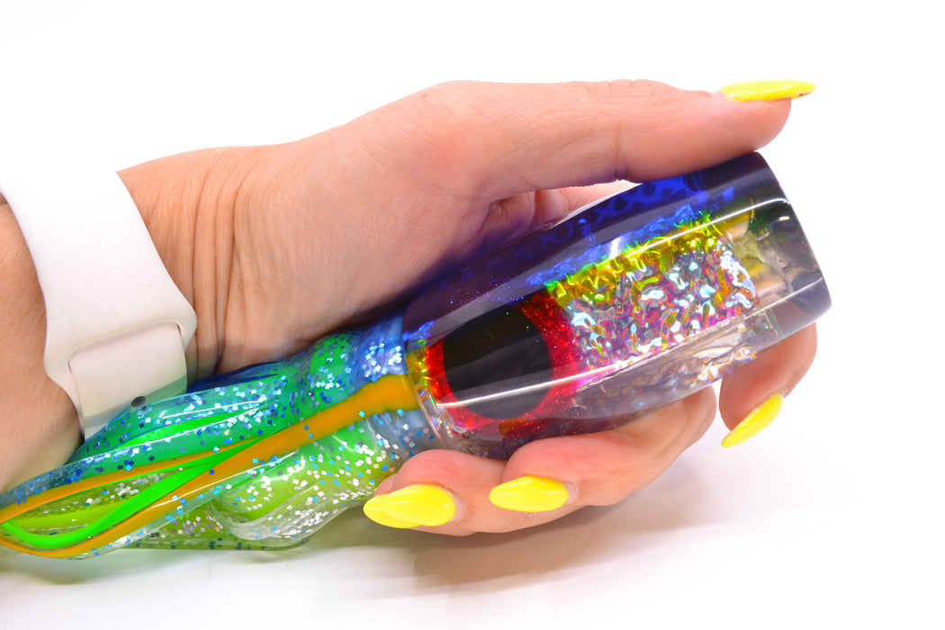 Coggin Lures Ice Rainbow Dichro Blue-Yellow Back 4-Hole Copalure Invert 12" 12oz Skirted
