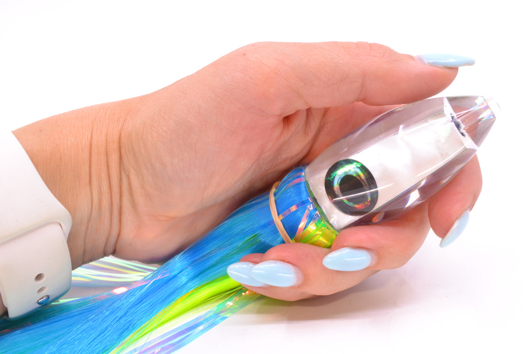 Moyes Lures White MOP Small Ono Bullet 7" 3.8oz Skirted Ice Blue-Chartreuse Hair