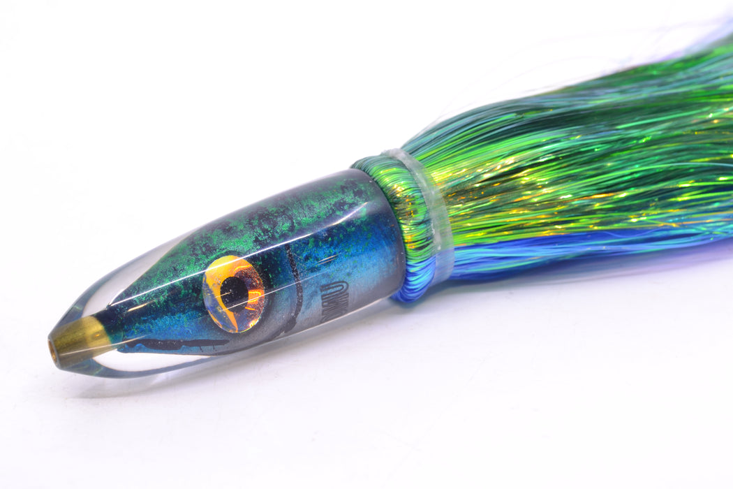 Tsutomu Lures Black/Green-Blue-Silver Fish Head Poke Bullet 6" 2.8oz Flashabou GZE