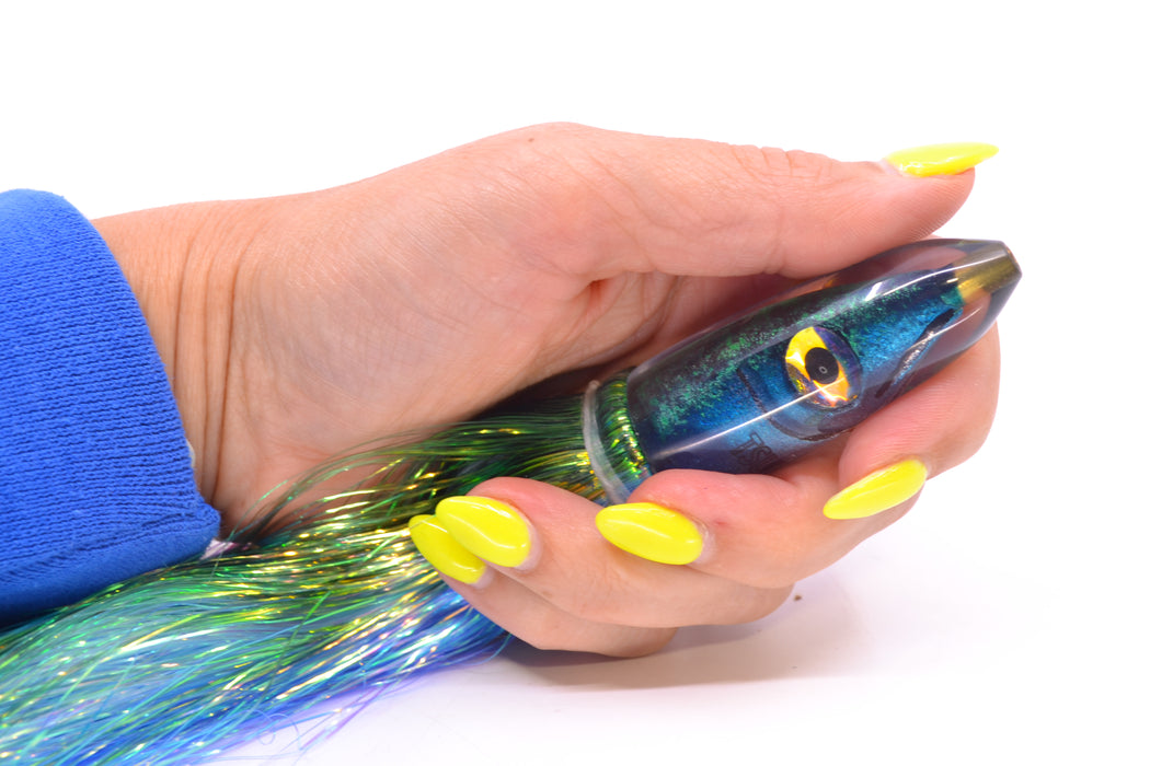 Tsutomu Lures Black/Green-Blue-Silver Fish Head Poke Bullet 6" 2.8oz Flashabou GZE