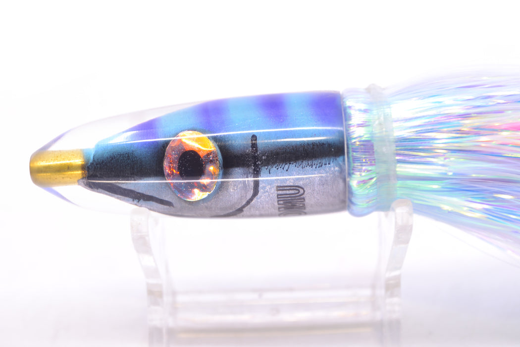 Tsutomu Lures Blue & Purple Bars-Black Line Fish Head Poke Bullet 6" 2.8oz Flashabou GZE
