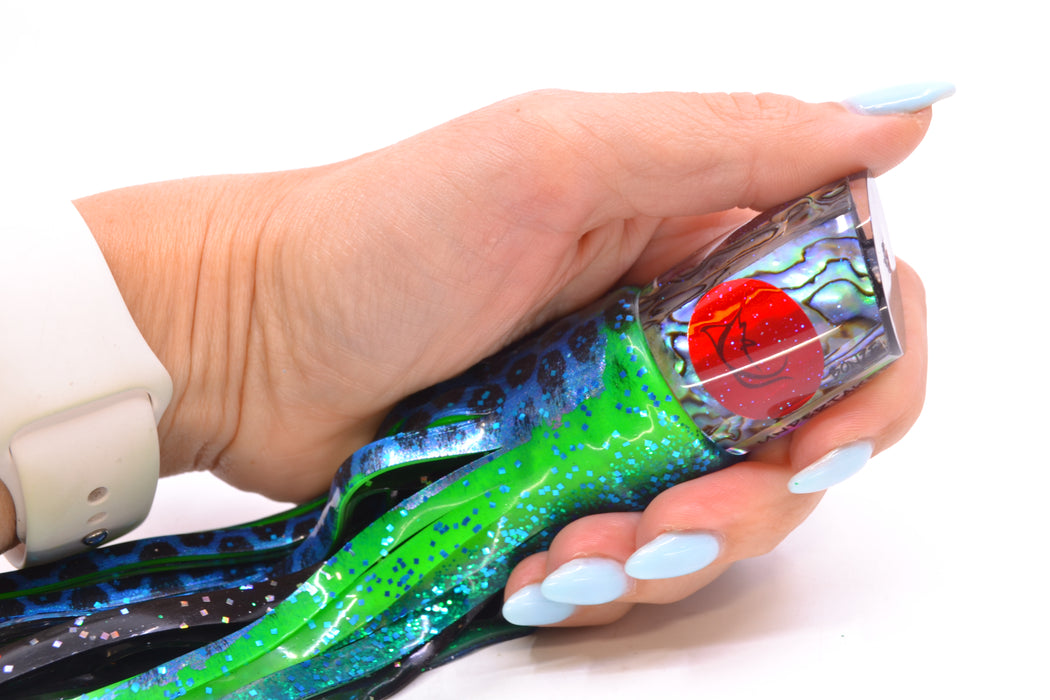 Bonze Lures Paua Shell Red Eyes Undertaker 9" 5.2oz Skirted Black Dots-Blue Dots