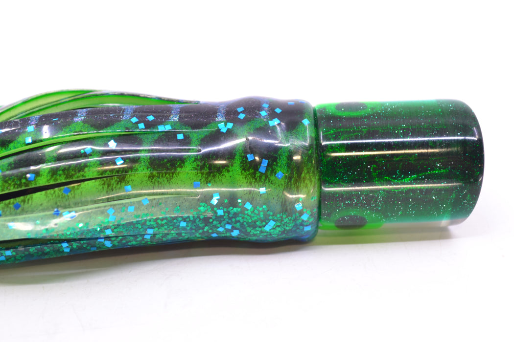 Coggin Lures White MOP Green Back Peanut Pusher 5.5" 2oz Skirted Black Dots-Blue Dots