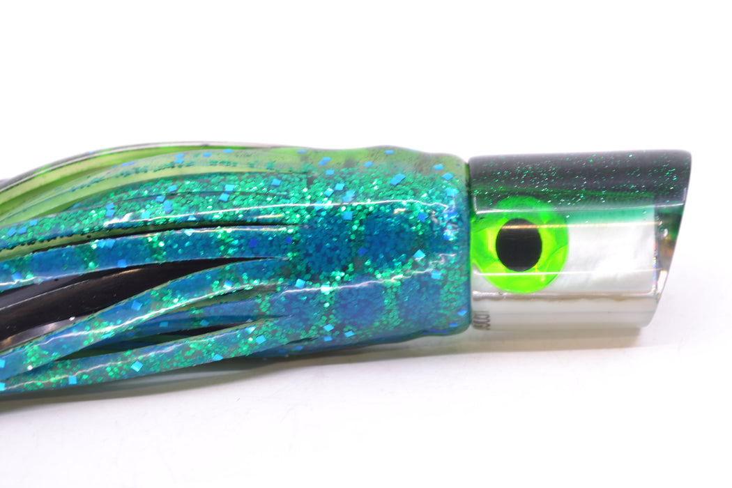 Coggin Lures White MOP Green Back Peanut Pusher 5.5" 2oz Skirted Black Dots-Blue Dots