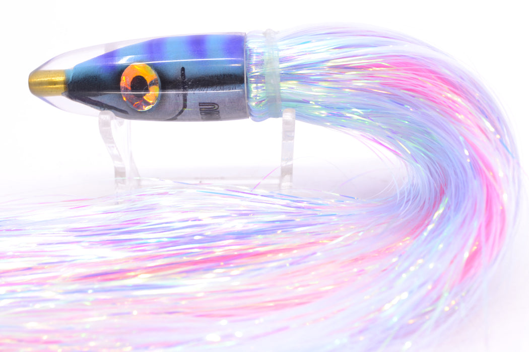 Tsutomu Lures Blue & Purple Bars-Black Line Fish Head Poke Bullet 6" 2.8oz Flashabou GZE