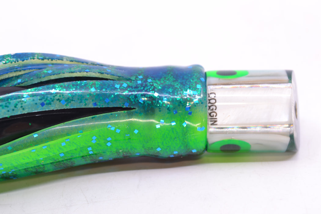 Coggin Lures White MOP Green Back Peanut Pusher 5.5" 2oz Skirted Black Dots-Blue Dots