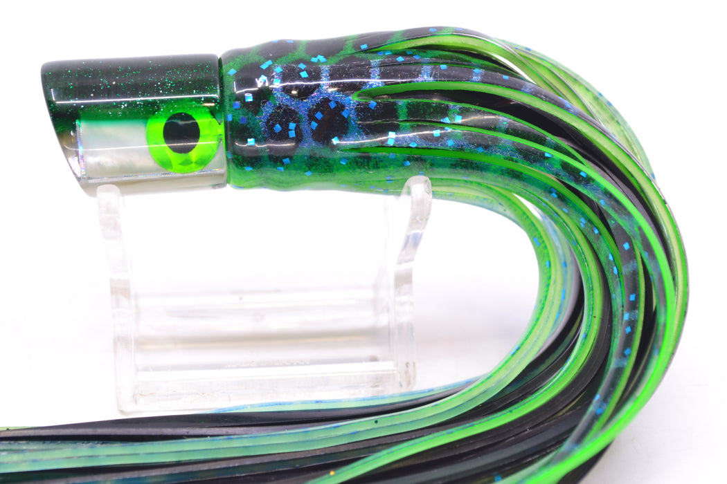 Coggin Lures White MOP Green Back Peanut Pusher 5.5" 2oz Skirted Black Dots-Blue Dots