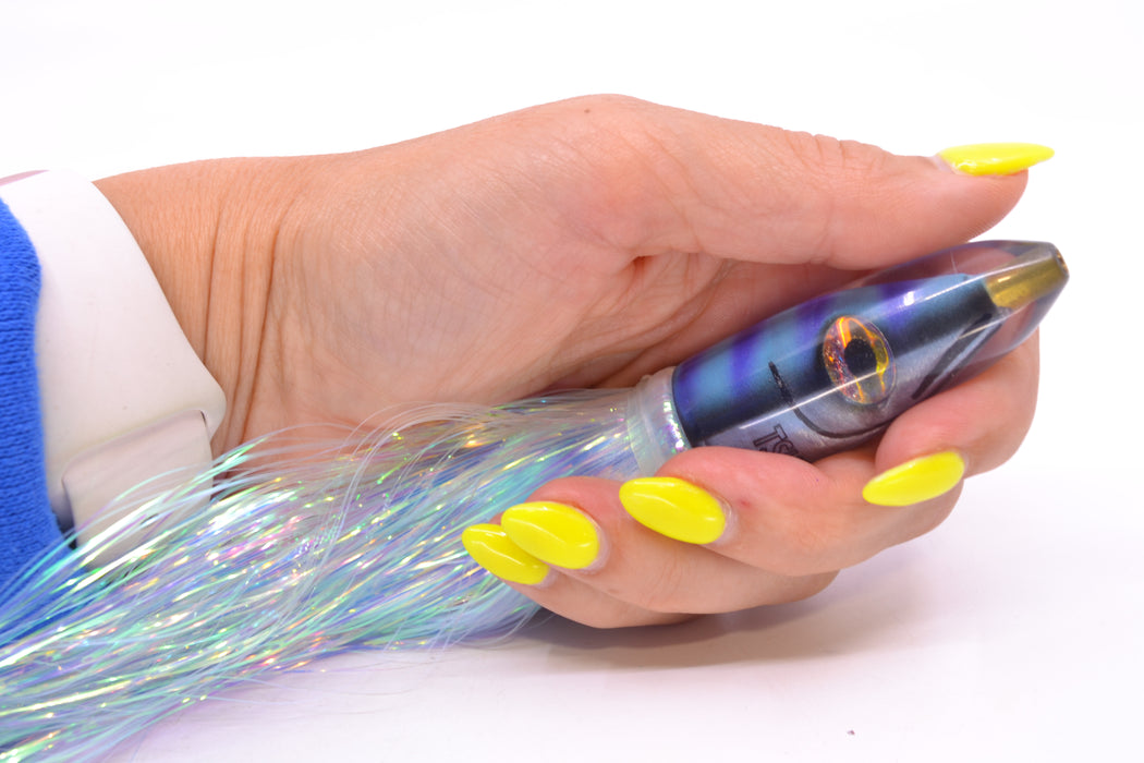 Tsutomu Lures Blue & Purple Bars-Black Line Fish Head Poke Bullet 6" 2.8oz Flashabou GZE