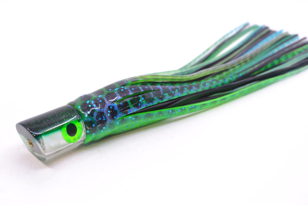 Coggin Lures White MOP Green Back Peanut Pusher 5.5" 2oz Skirted Black Dots-Blue Dots