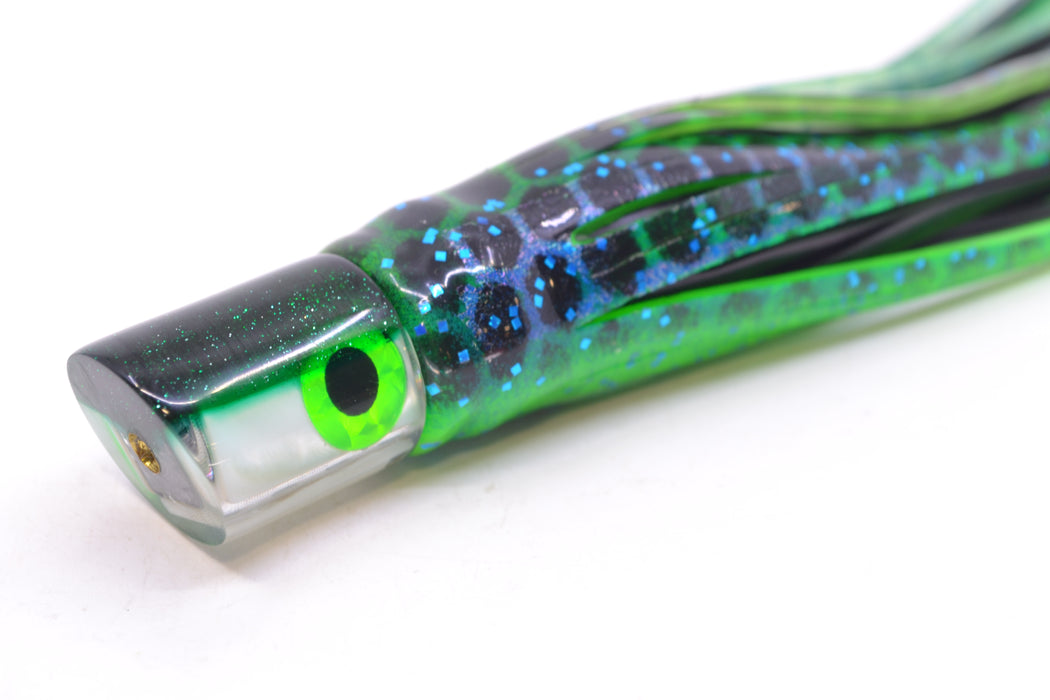 Coggin Lures White MOP Green Back Peanut Pusher 5.5" 2oz Skirted Black Dots-Blue Dots