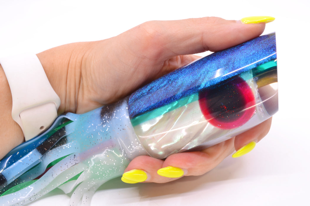 Ali'i Kai Lures "Bonito" White MOP Blue-Teal Back Yakuza 14" 10.8oz BOM Skirted