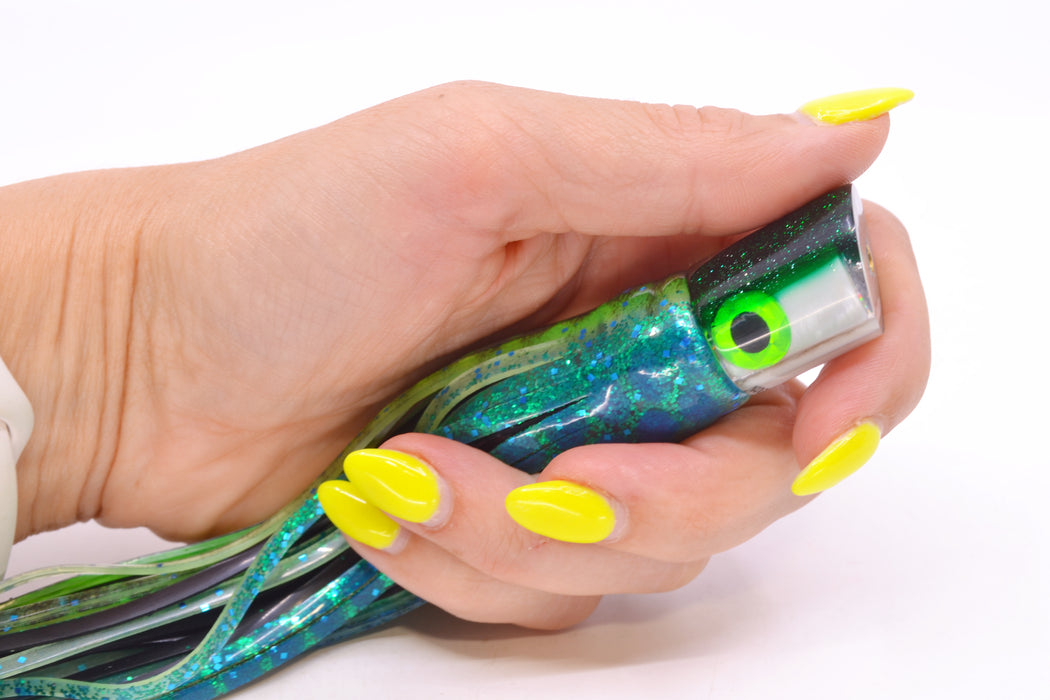 Coggin Lures White MOP Green Back Peanut Pusher 5.5" 2oz Skirted Black Dots-Blue Dots