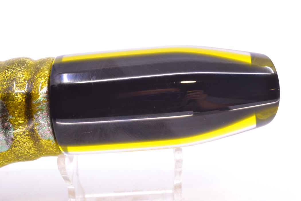 Crampton Baits Real Tahitian MOP Black-Yellow Back Plunger 12" 8.5oz Skirted Yellow Aurora