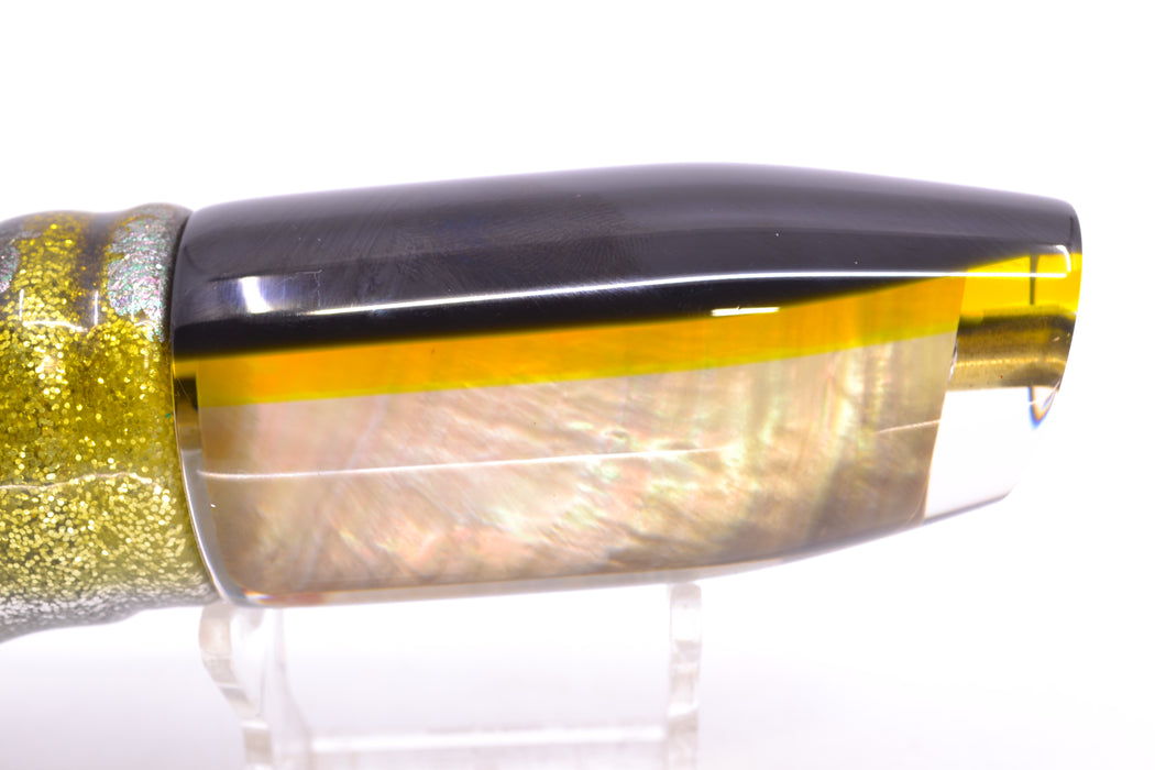Crampton Baits Real Tahitian MOP Black-Yellow Back Plunger 12" 8.5oz Skirted Yellow Aurora