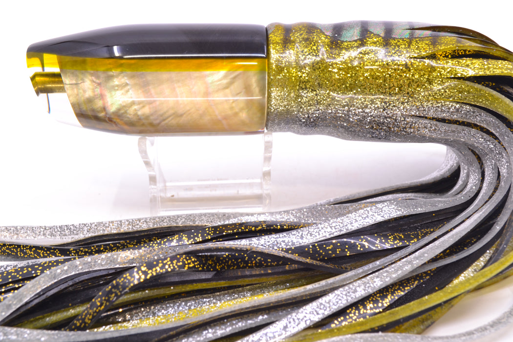 Crampton Baits Real Tahitian MOP Black-Yellow Back Plunger 12" 8.5oz Skirted Yellow Aurora