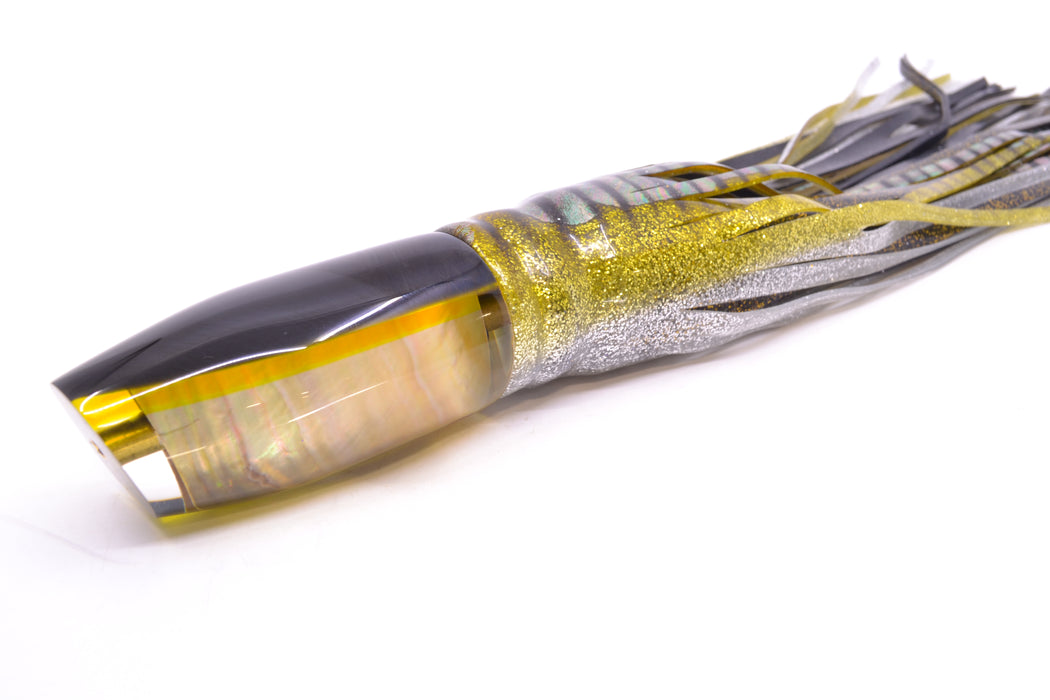 Crampton Baits Real Tahitian MOP Black-Yellow Back Plunger 12" 8.5oz Skirted Yellow Aurora