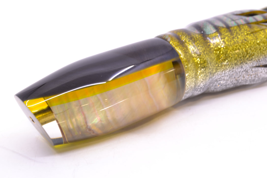 Crampton Baits Real Tahitian MOP Black-Yellow Back Plunger 12" 8.5oz Skirted Yellow Aurora