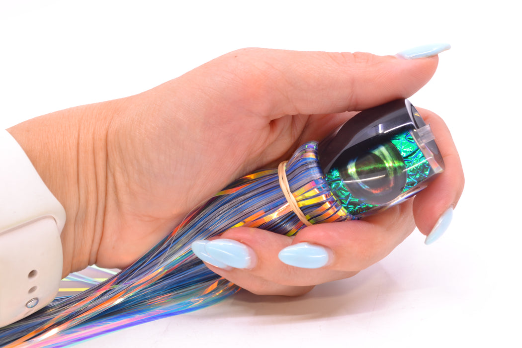 Moyes Lures Blue-Green Oil Slick Black Back Small Secret 9" 1.6oz Skirted Mixed Hair