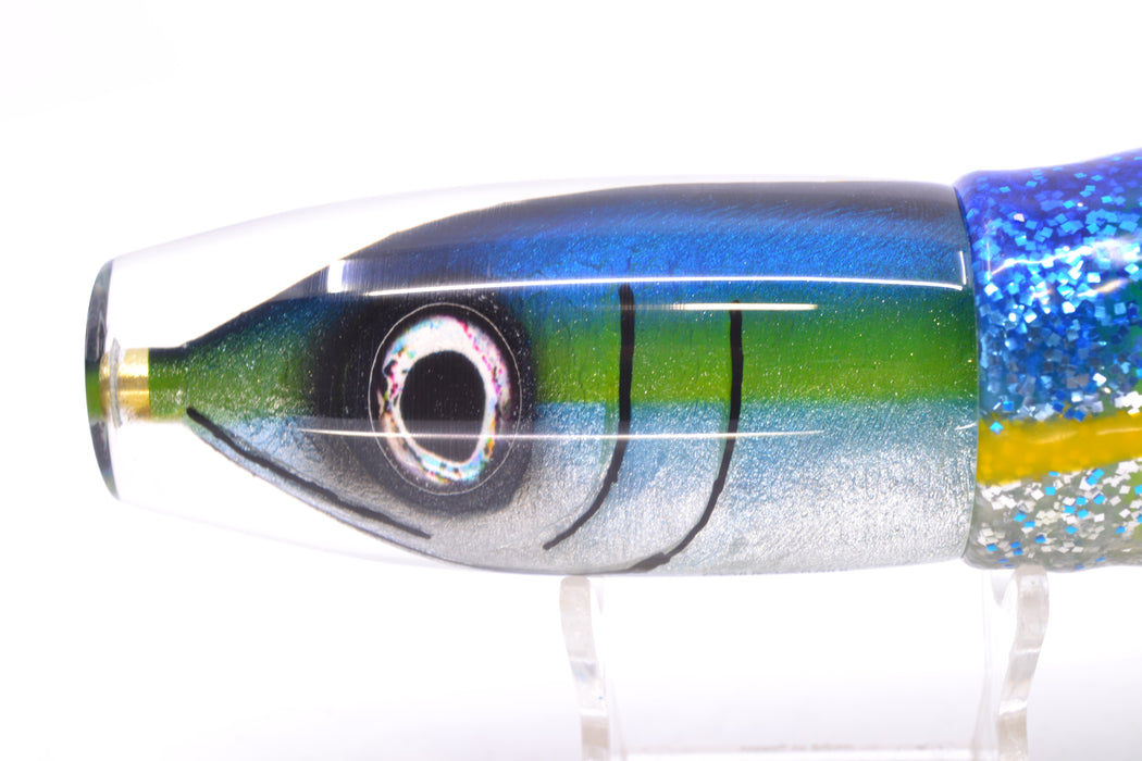 Tsutomu Lures Yellowfin Fish Head Ante Invert 12" 9.7oz Skirted Blue-Yellow Lines-Silver
