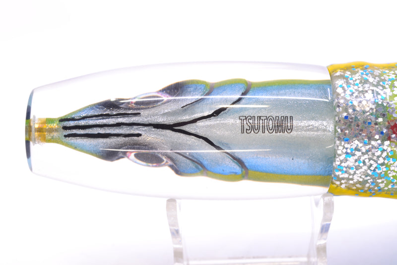 Tsutomu Lures Yellowfin Fish Head Ante Invert 12" 9.7oz Skirted Blue-Yellow Lines-Silver
