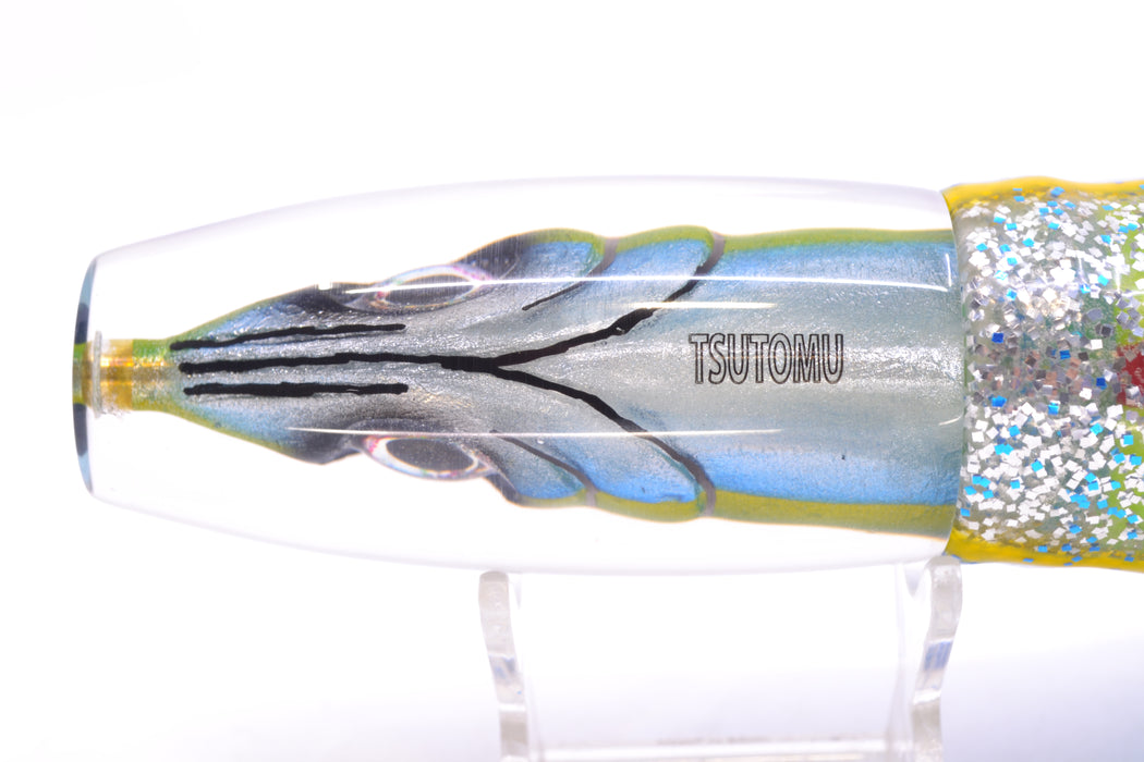 Tsutomu Lures Yellowfin Fish Head Ante Invert 12" 9.7oz Skirted Blue-Yellow Lines-Silver