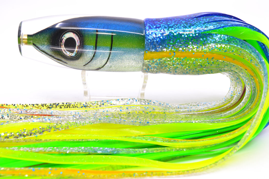 Tsutomu Lures Yellowfin Fish Head Ante Invert 12" 9.7oz Skirted Blue-Yellow Lines-Silver
