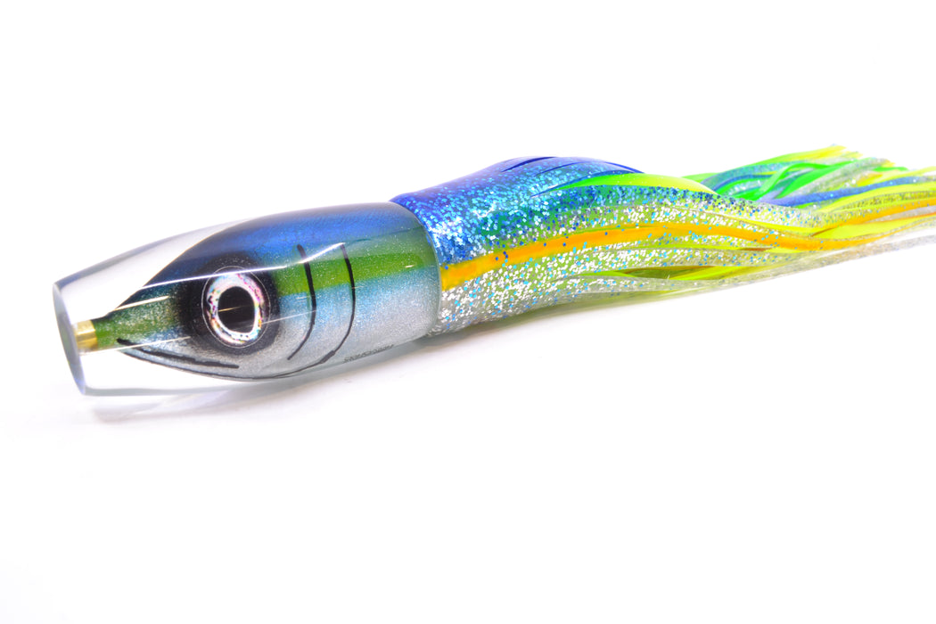 Tsutomu Lures Yellowfin Fish Head Ante Invert 12" 9.7oz Skirted Blue-Yellow Lines-Silver