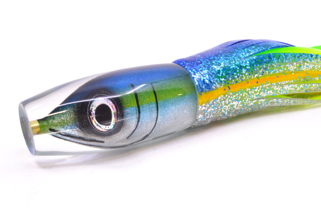 Tsutomu Lures Yellowfin Fish Head Ante Invert 12" 9.7oz Skirted Blue-Yellow Lines-Silver