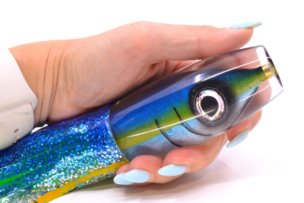 Tsutomu Lures Yellowfin Fish Head Ante Invert 12" 9.7oz Skirted Blue-Yellow Lines-Silver