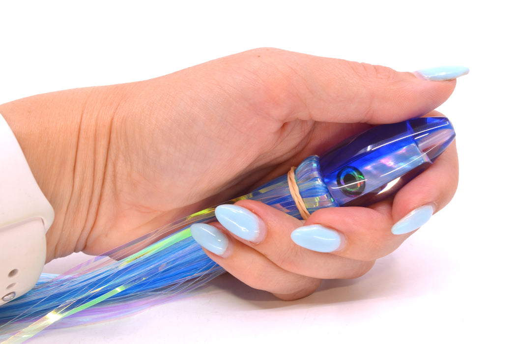 Moyes Lures Rainbow MOP Blue Back Poon 5" 1.3oz Skirted Mixed Blue-White Hair